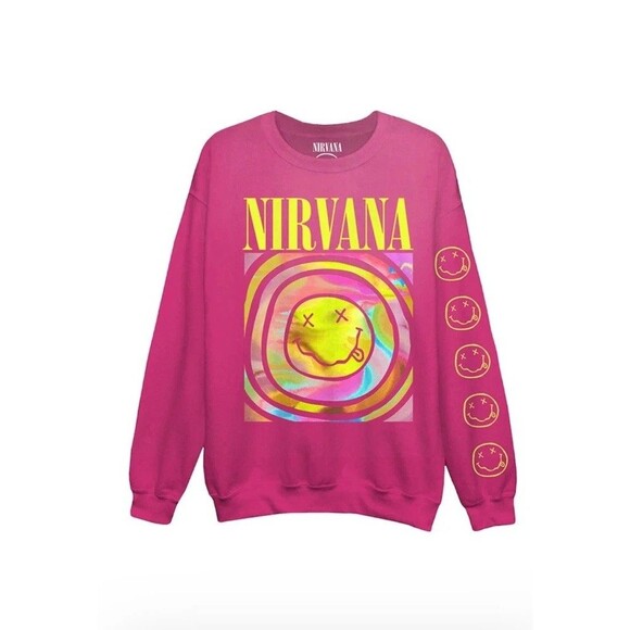 Nirvana Smiley Face Crewneck Sweatshirt Pink Graphic Band S/M Oversized Long - Picture 1 of 4